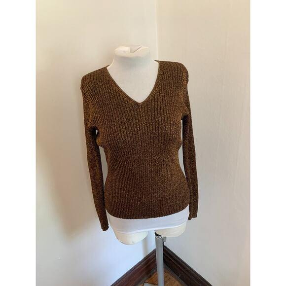 Y2K VTG Joseph A. Sweater M Metallic Bronze Thread Knit Ribbed Sexy Snug V Neck - Picture 1 of 11